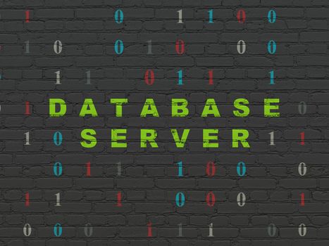 Software concept: Painted green text Database Server on Black Brick wall background with Binary Code