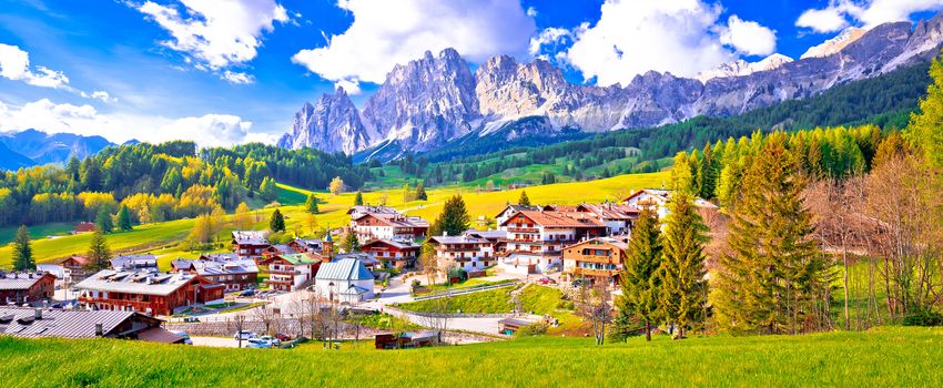 Alps landscape in Cortina D' Ampezzo panoramic view, idyllic mountain peaks of Dolomites, South Tyrol region of Italy