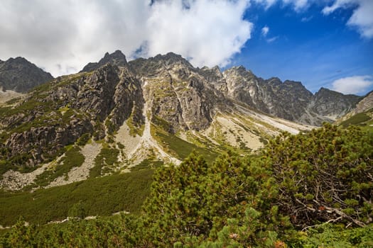 High rocky peaks near Zelene Pleso in Tatra Mountains, Slovakia, Europe