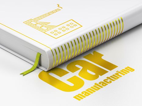 Industry concept: closed book with Gold Industry Building icon and text Car Manufacturing on floor, white background, 3D rendering