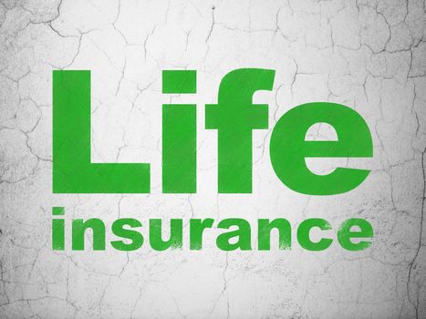 Insurance concept: Green Life Insurance on textured concrete wall background