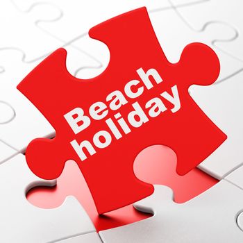 Vacation concept: Beach Holiday on Red puzzle pieces background, 3D rendering