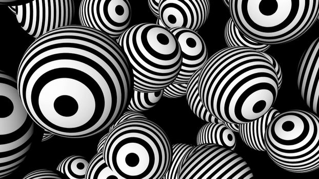 Abstract background with black and white spheres. Seamless loop