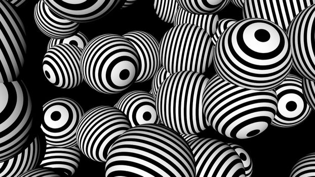 Abstract background with black and white spheres. Seamless loop