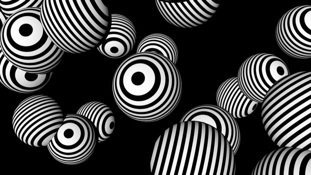 Abstract background with black and white spheres. Seamless loop