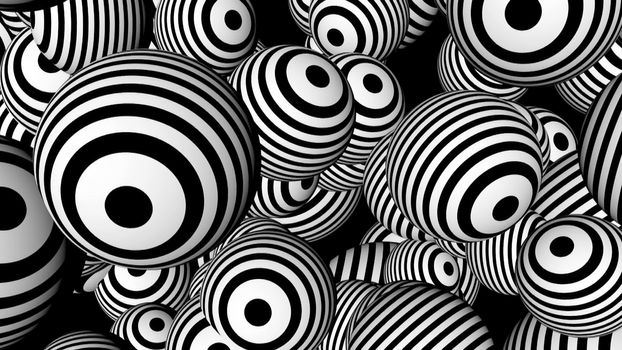 Abstract background with black and white spheres. Seamless loop