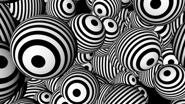 Abstract background with black and white spheres. Seamless loop