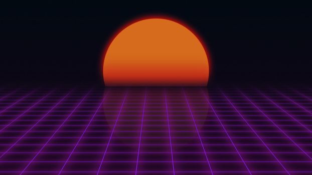 Retro Futuristic.Grid and sunset. 80s Retro Sci-fi background. Seamless loop