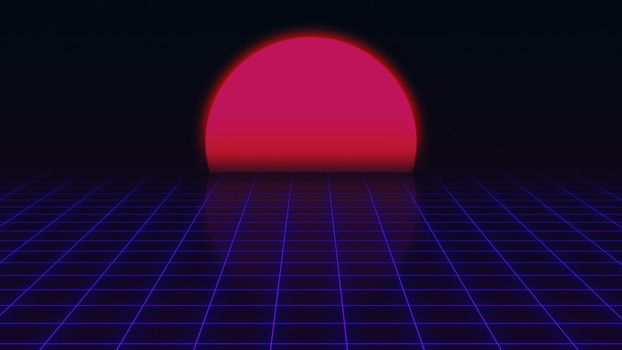 Retro Futuristic.Grid and sunset. 80s Retro Sci-fi background. Seamless loop