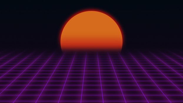 Retro Futuristic.Grid and sunset. 80s Retro Sci-fi background. Seamless loop