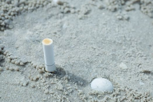 Tobacco cigarettes ashtray on sand on the beach. Cause pollution garbage destructive nature Marine environment .What should not be done.