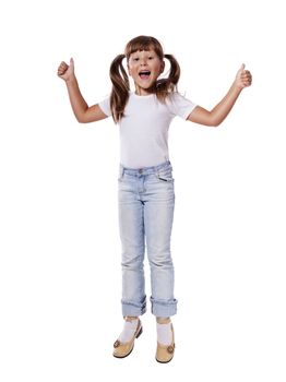 Happy excited girl standing thumbs up isolated on white