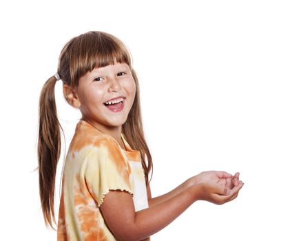 Happy laughing six years girl portrait isolated