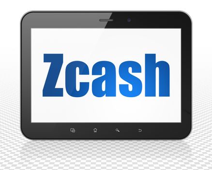 Cryptocurrency concept: Tablet Pc Computer with blue text Zcash on display, 3D rendering