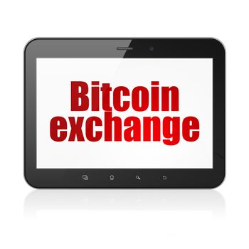 Cryptocurrency concept: Tablet Computer with  red text Bitcoin Exchange on display,  Tag Cloud background, 3D rendering