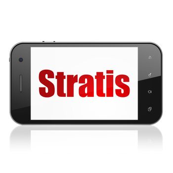 Blockchain concept: Smartphone with  red text Stratis on display,  Tag Cloud background, 3D rendering