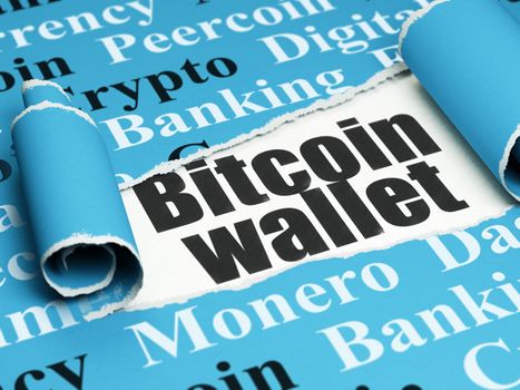 Cryptocurrency concept: black text Bitcoin Wallet under the curled piece of Blue torn paper with  Tag Cloud, 3D rendering