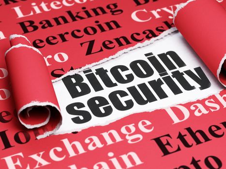 Cryptocurrency concept: black text Bitcoin Security under the curled piece of Red torn paper with  Tag Cloud, 3D rendering