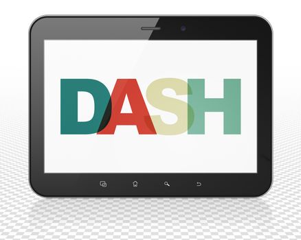 Cryptocurrency concept: Tablet Pc Computer with Painted multicolor text Dash on display, 3D rendering