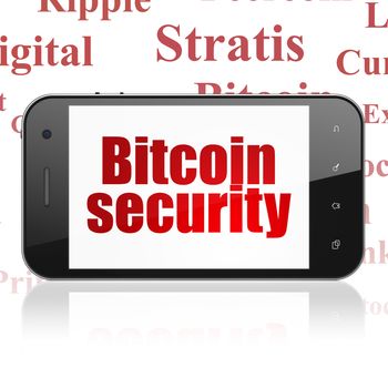 Cryptocurrency concept: Smartphone with  red text Bitcoin Security on display,  Tag Cloud background, 3D rendering