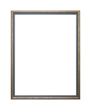 Vintage old wooden classic Golden and grey painted vertical rectangular frame for picture, photo or mirror, isolated on white background, close up