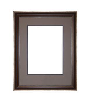 Vintage old wooden classic brown and silver painted vertical rectangular frame with grey cardboard mat (passe partout mount) for picture or photo, isolated on white background, close up