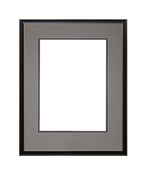 Vintage old wooden classic black painted vertical rectangular frame with grey cardboard mat (passe partout mount) for picture or photo, isolated on white background, close up
