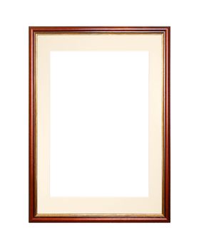 Vintage old wooden classic red brown painted vertical rectangular frame with beige cardboard mat (passe partout mount) for picture or photo, isolated on white background, close up