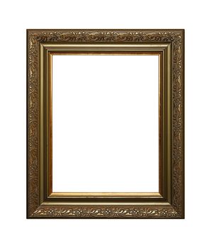 Antique old baroque ornate wooden classic golden painted vertical rectangular frame for picture, photo or mirror, isolated on white background, close up