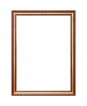 Antique old baroque ornate wooden classic golden painted vertical rectangular frame for picture, photo or mirror, isolated on white background, close up