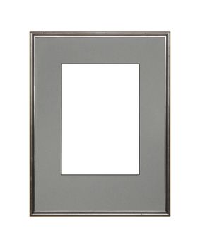 Vintage old wooden classic silver gray painted vertical rectangular frame and cardboard mat (passe partout mount) for picture or photo, isolated on white background, close up