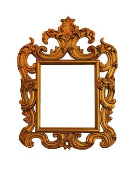 Antique old baroque ornate wooden classic golden painted rectangular frame for picture, photo or mirror, isolated on white background, close up
