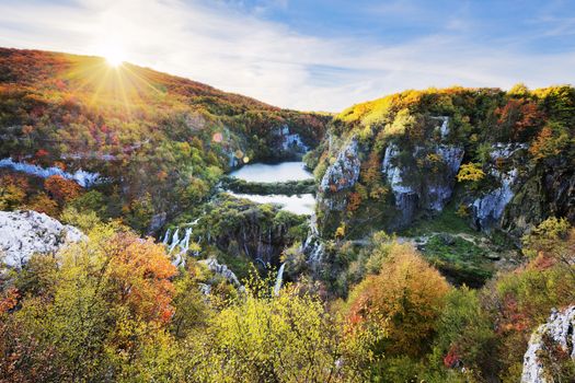 View of the beautiful waterfalls in the sunshine in Plitvice National Park, Croatia 