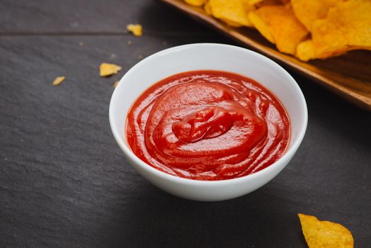 Bowl of tomato sauce or ketchup, closeup