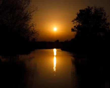 beautiful stunning glowing sunset over lake sky and tree silhouettes; essex; england; uk