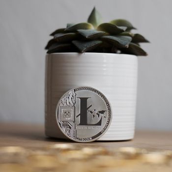 Digital currency physical metal litecoin coin. Cryptocurrency miningn concept.