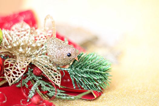 Happy New Year, Merry Christmas, celebration or holiday background concept : Christmas ornaments on gold glitter lighting background