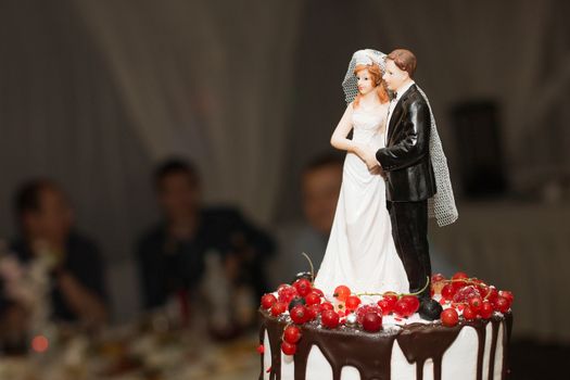 elegant pretty young bride and groom cut the wedding cake.