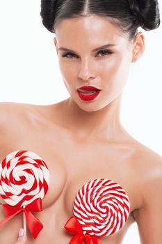 Portrait of beautiful girl with big lollipop