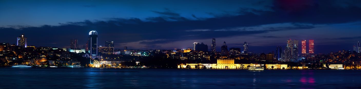 Panorama of Istanbul cityscape and Bosphorus at night, Turkey