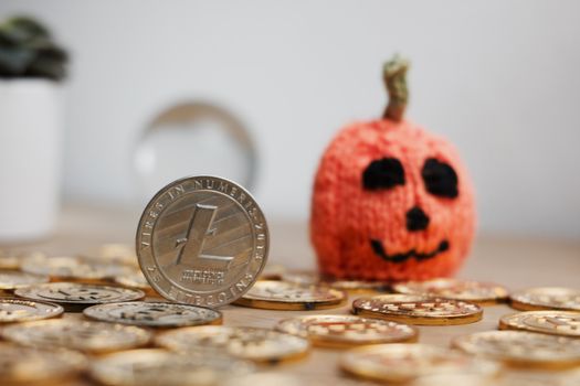 Digital currency physical metal litecoin coin. Cryptocurrency mining concept.