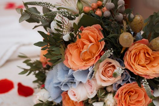 Beautiful wedding bouquet and Beautiful wedding rings.