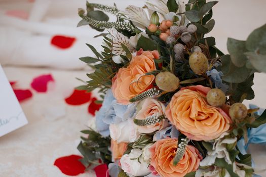 Beautiful wedding bouquet and Beautiful wedding rings.