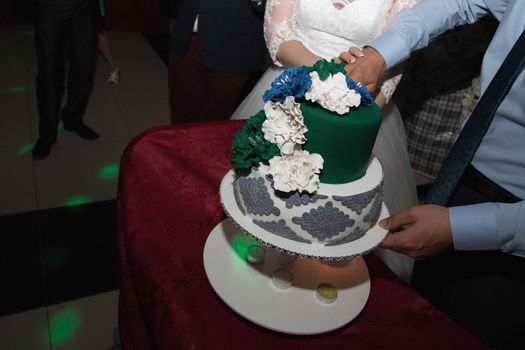 elegant pretty young bride and groom cut the wedding cake.