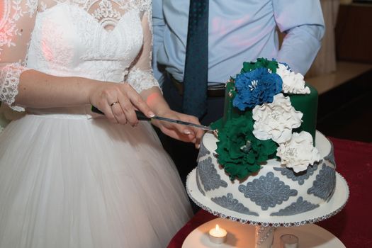 elegant pretty young bride and groom cut the wedding cake.