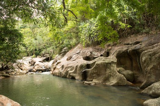 the jungle landscape of tropical turquoise lake in the tropical forests