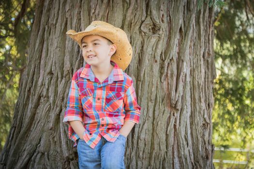 Mixed Race Young Boy Wearing Cowboy Hat Standing Outdoors.