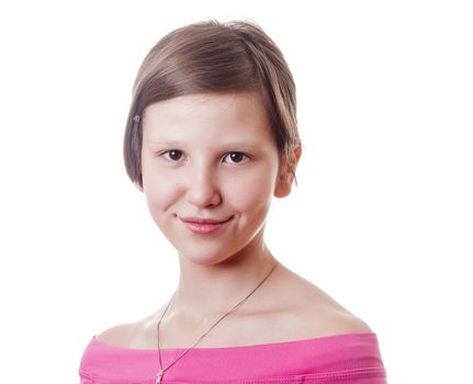 Teenage girl wearing pink blouse isolated on white