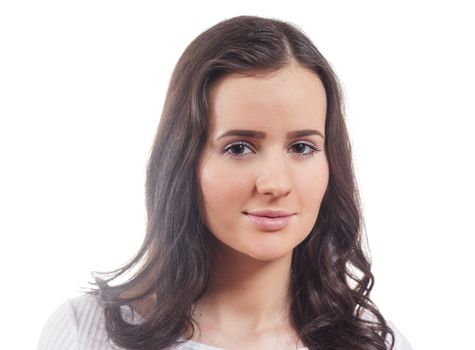 Smiling young woman with long dark hair isolated on white