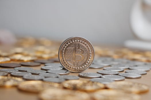 Digital currency physical metal bitcoin coin. Cryptocurrency mining concept.